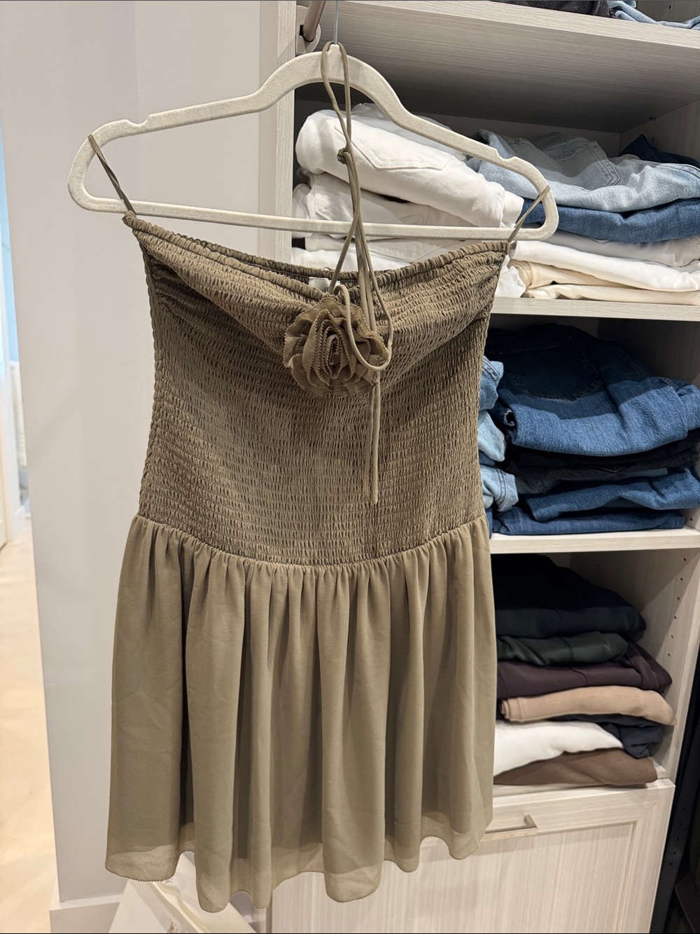 Aritzia Pippa Olive Green Smocked Mini Dress with Rosette